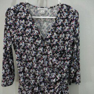 Liz Claiborne Wrap V-Neck Long Sleeve Black Blue Pink White Patterned Blouse-S